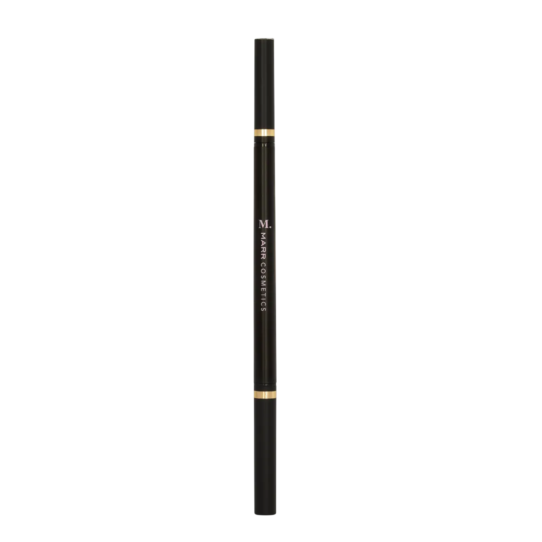 Perfect Brow Pencil: slank zwart dubbelzijdig wenkbrauwpotlood met twee gouden ringen en M. MARR COSMETICS in goud op de huls.