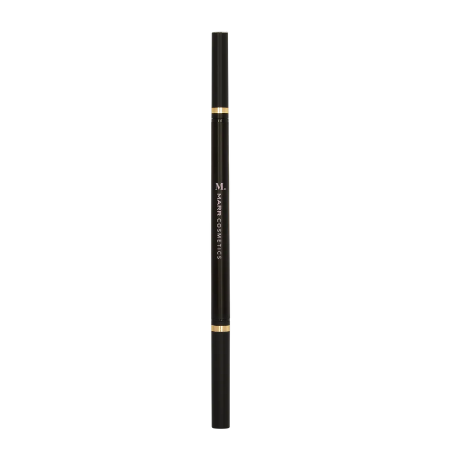 Perfect Brow Pencil: slank zwart dubbelzijdig wenkbrauwpotlood met twee gouden ringen en M. MARR COSMETICS in goud op de huls.